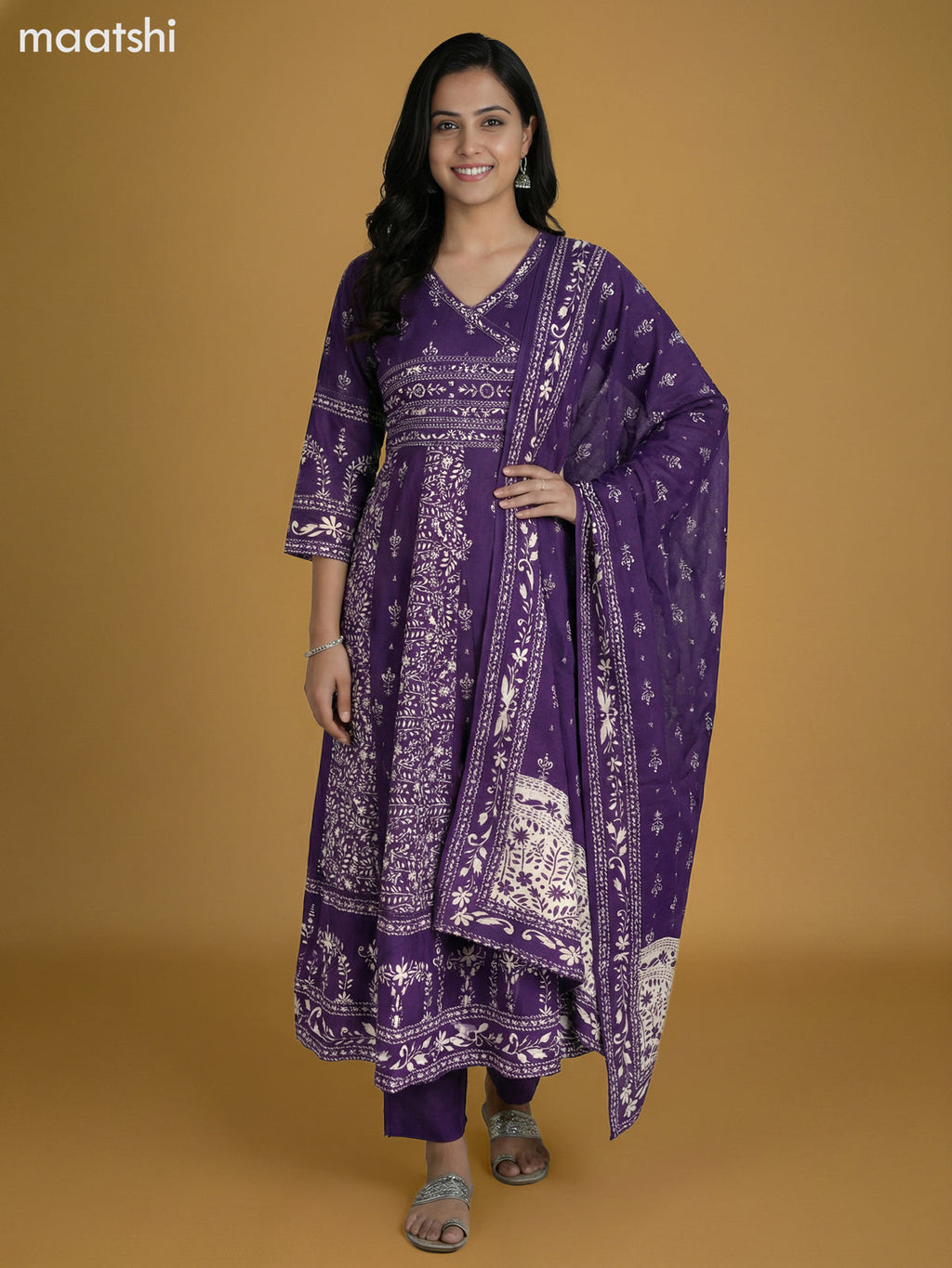 Violet Cotton Printed Anarkali Suit