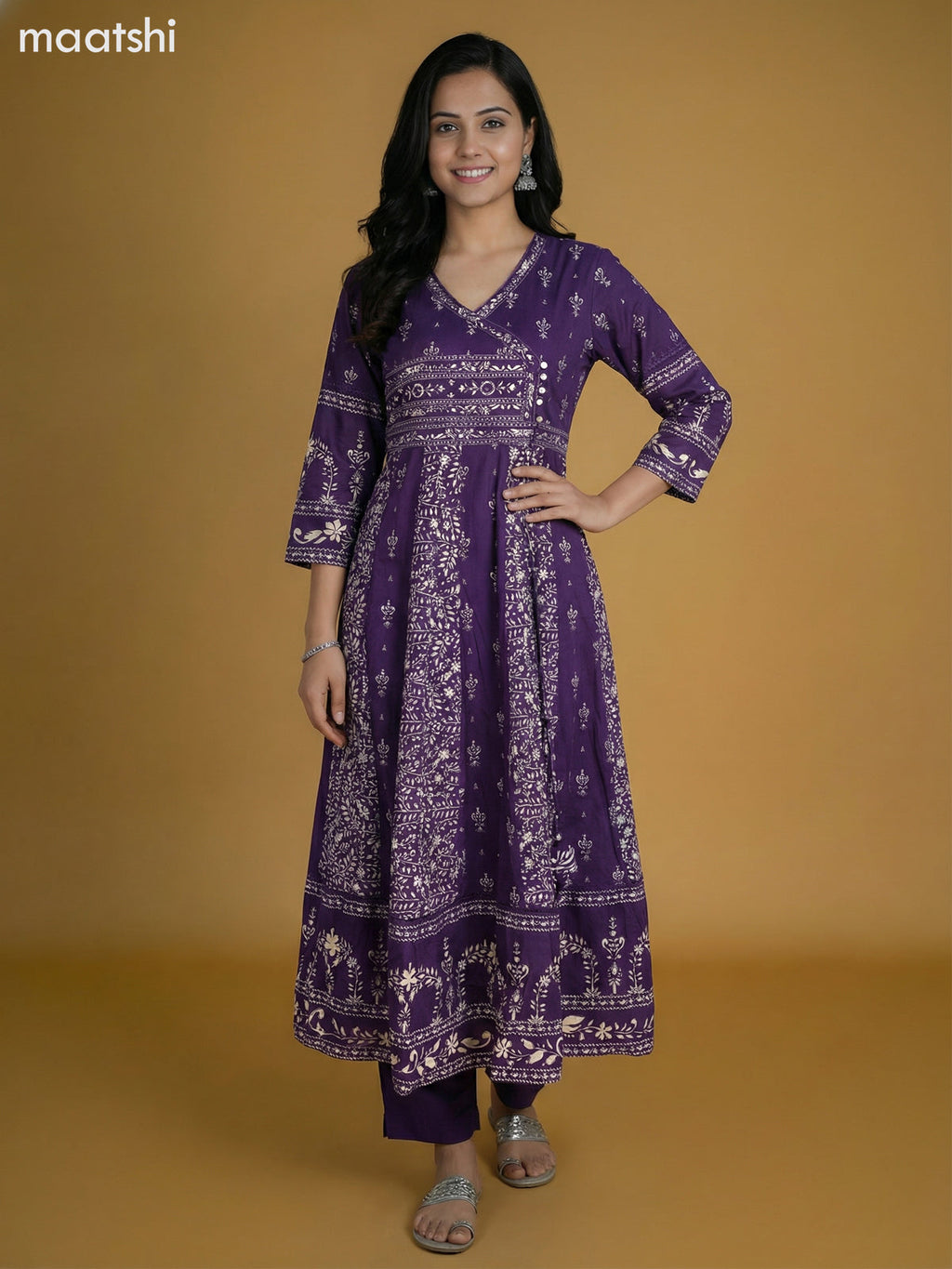 Violet Cotton Printed Anarkali Suit