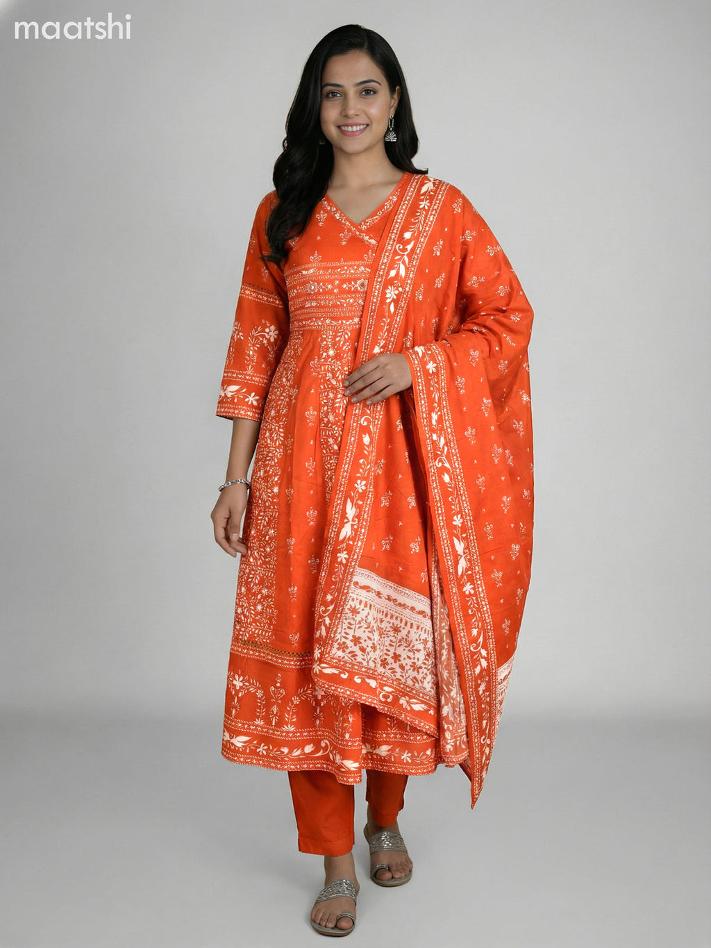 Rustic Orange Cotton Printed Anarkali Suit
