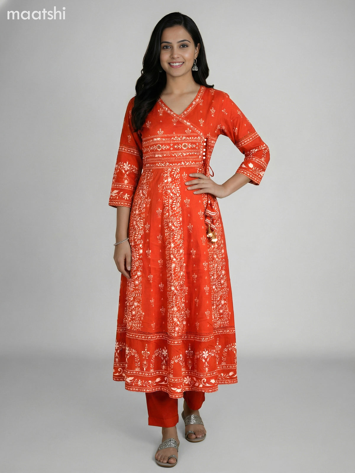 Rustic Orange Cotton Printed Anarkali Suit