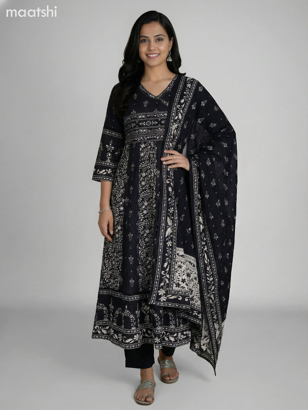 Black Cotton Printed Anarkali Suit