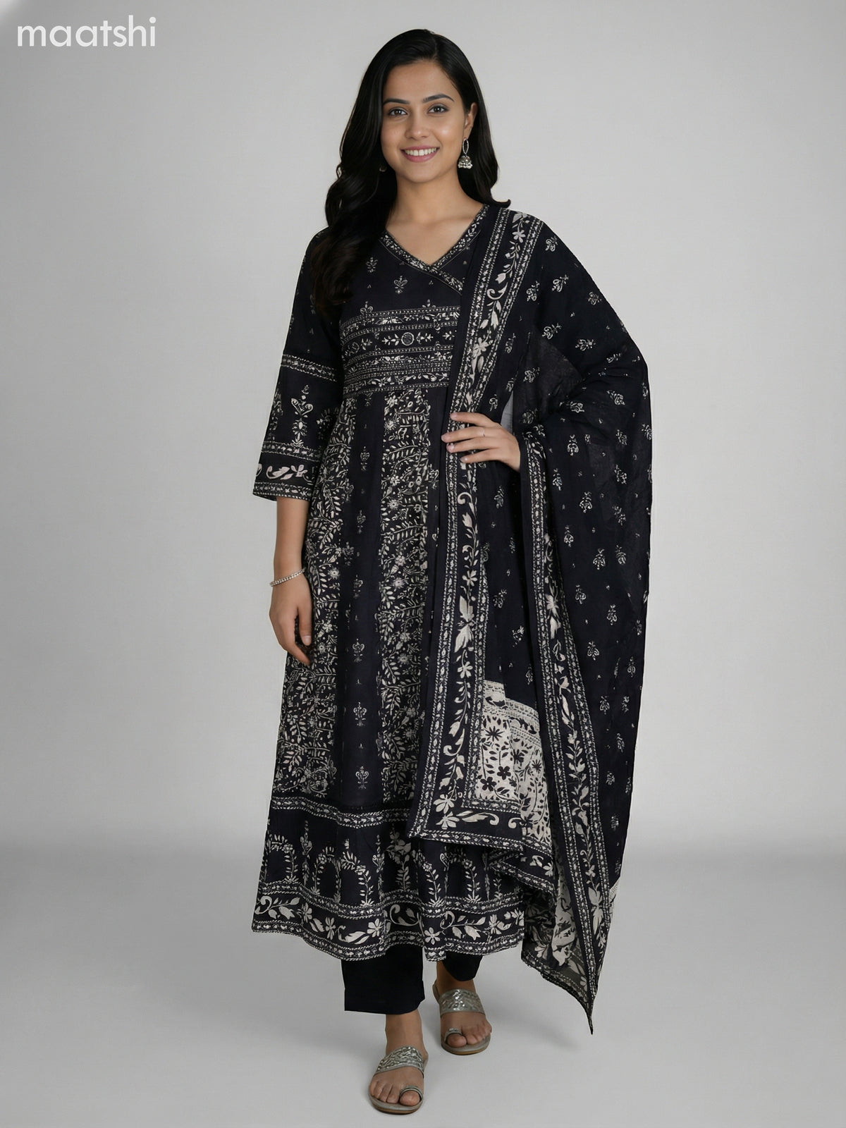 Black Cotton Printed Anarkali Suit