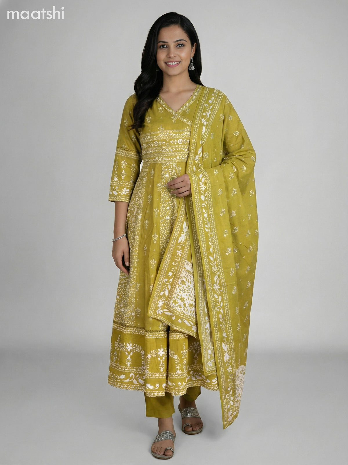 Light Green Cotton Printed Anarkali Suit