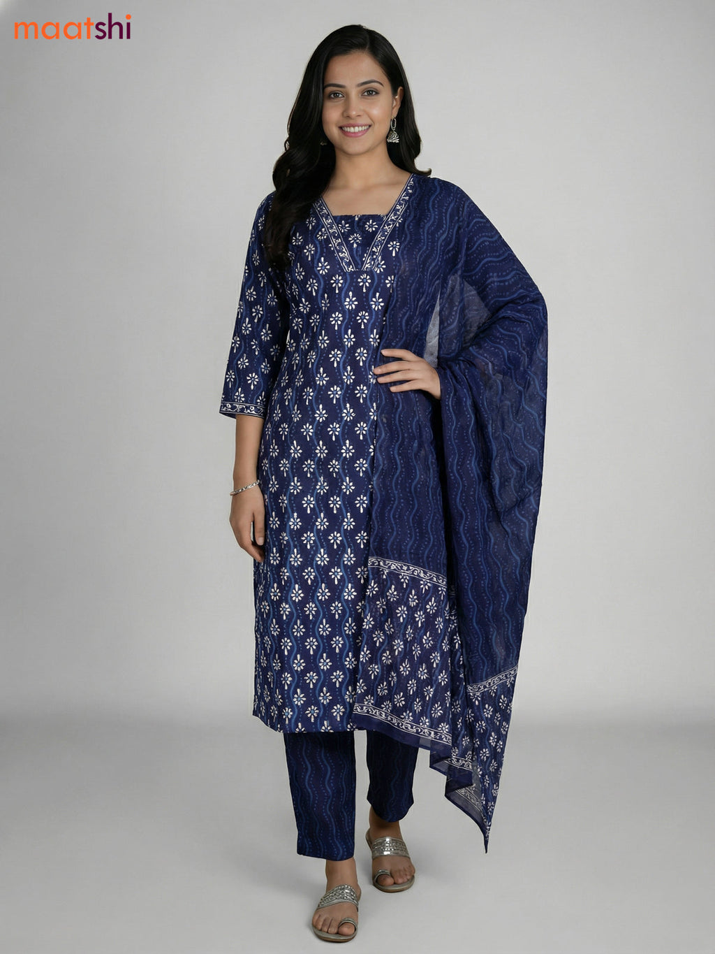 Blue Cotton Printed Straight Suit