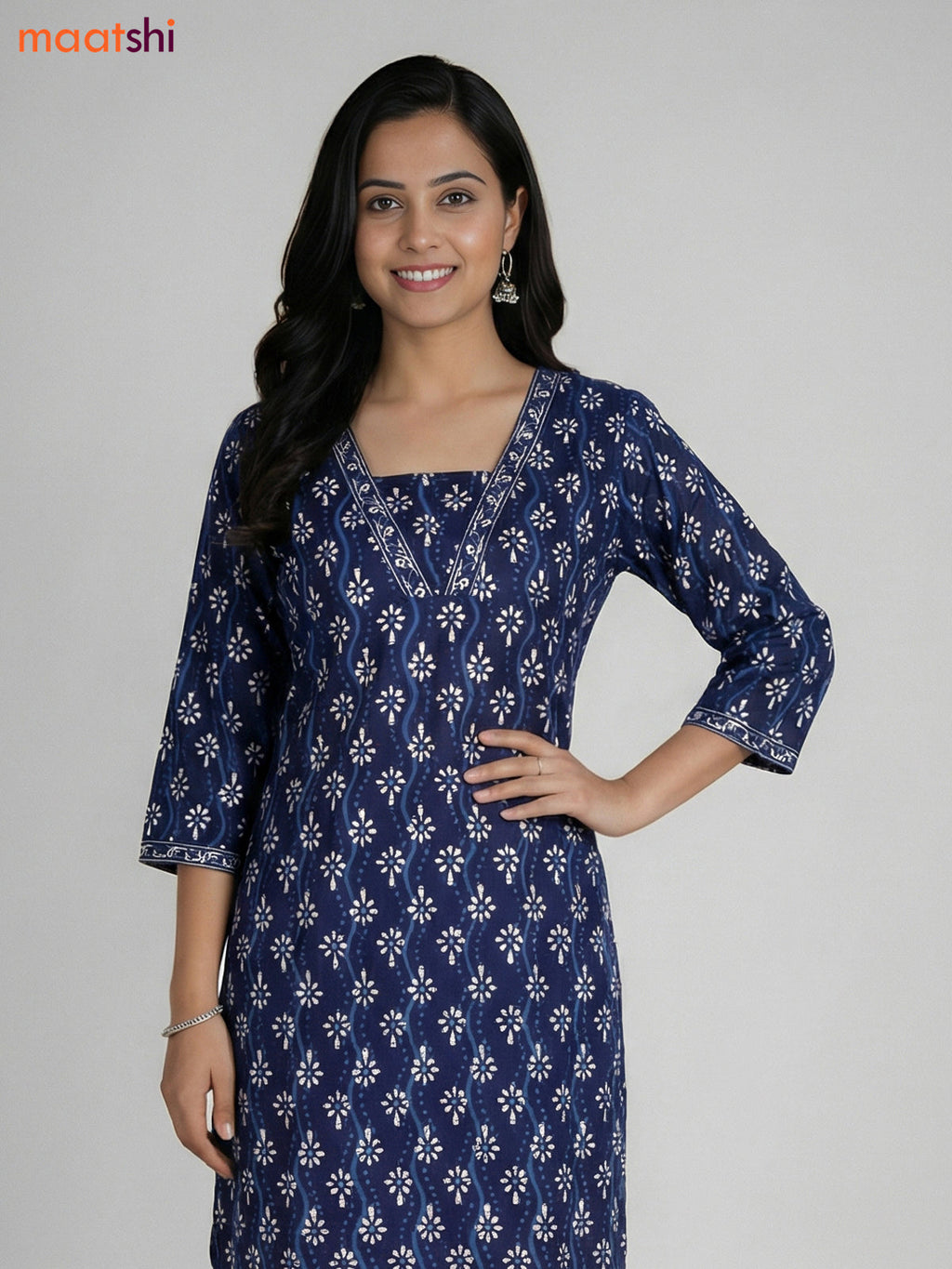 Blue Cotton Printed Straight Suit
