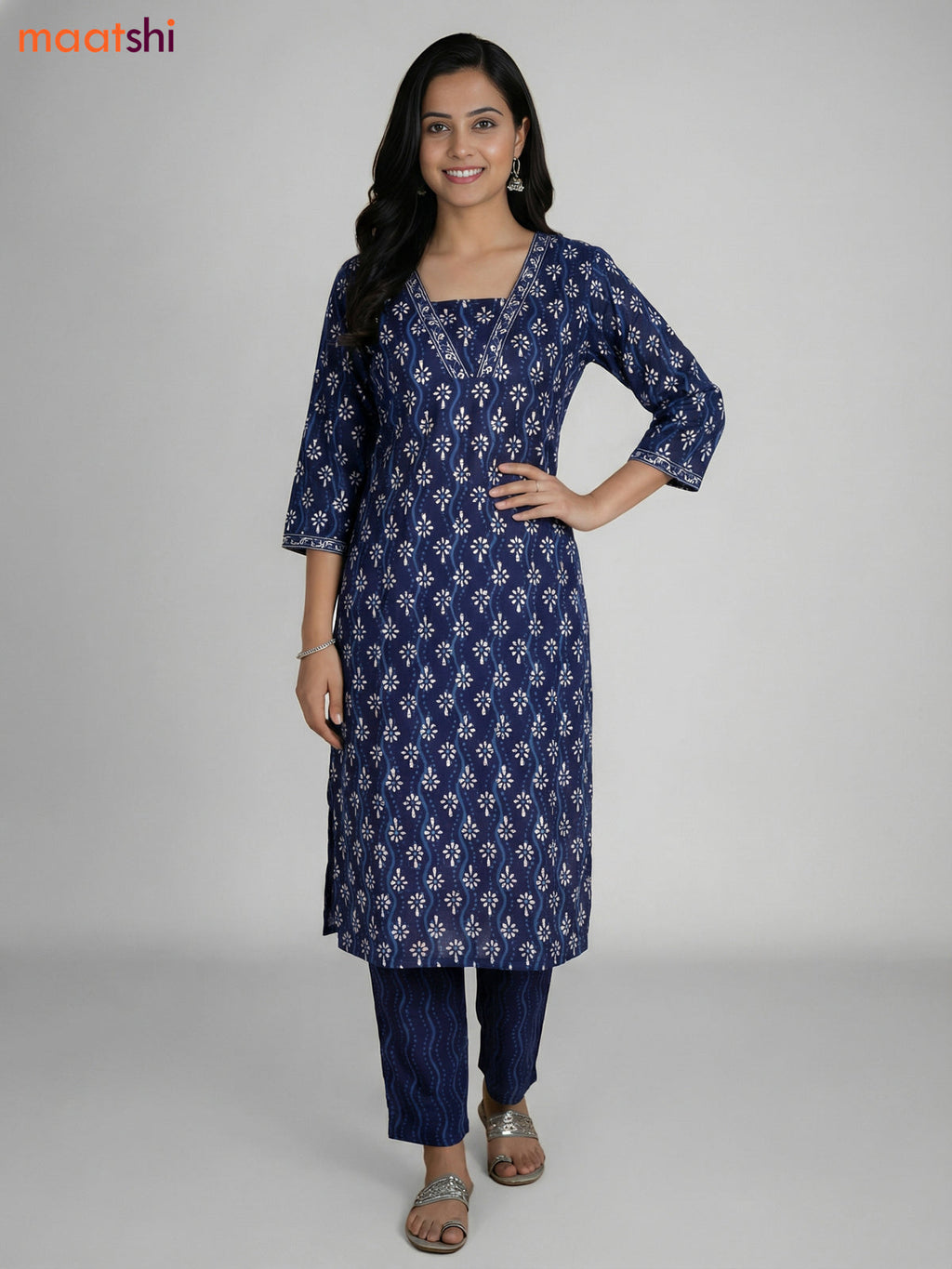 Blue Cotton Printed Straight Suit