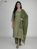 Green Cotton Printed Straight Suit