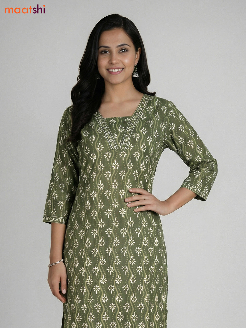 Green Cotton Printed Straight Suit