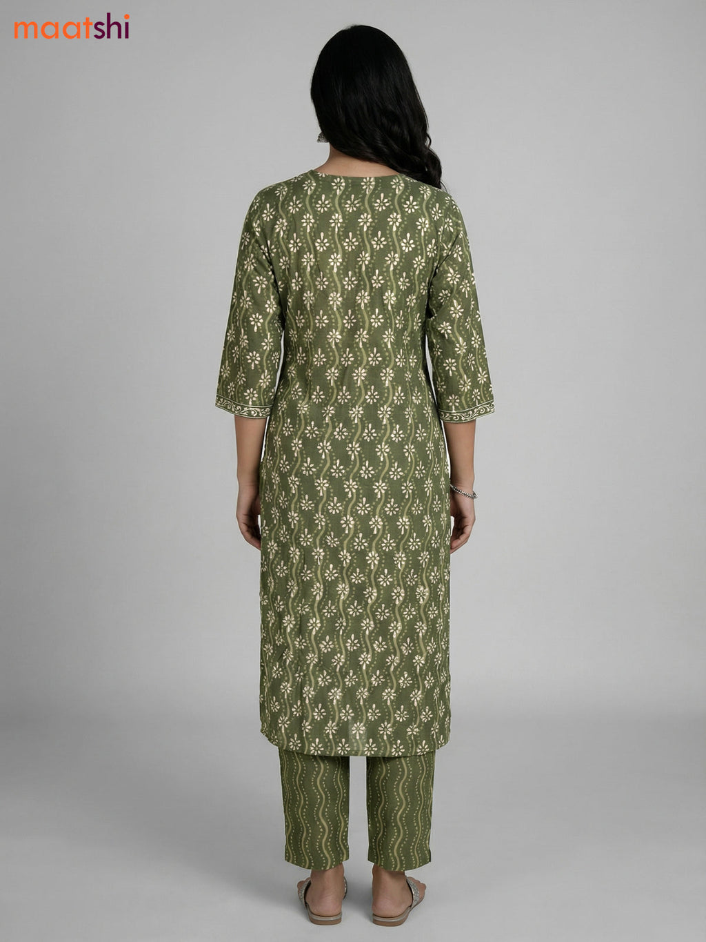 Green Cotton Printed Straight Suit