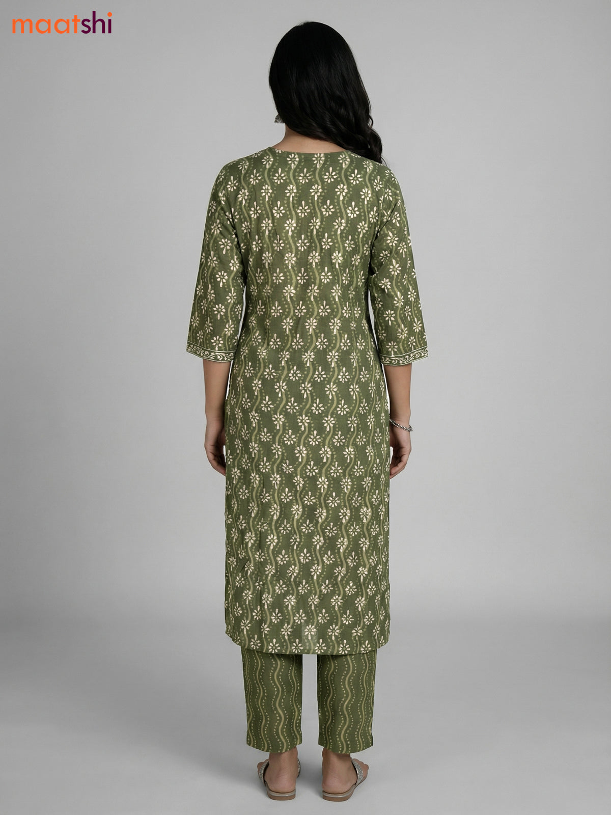 Green Cotton Printed Straight Suit