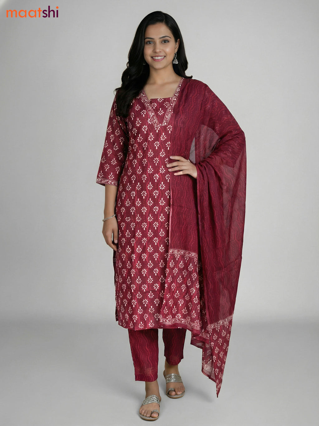 Maroon Cotton Printed Straight Suit