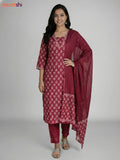Maroon Cotton Printed Straight Suit