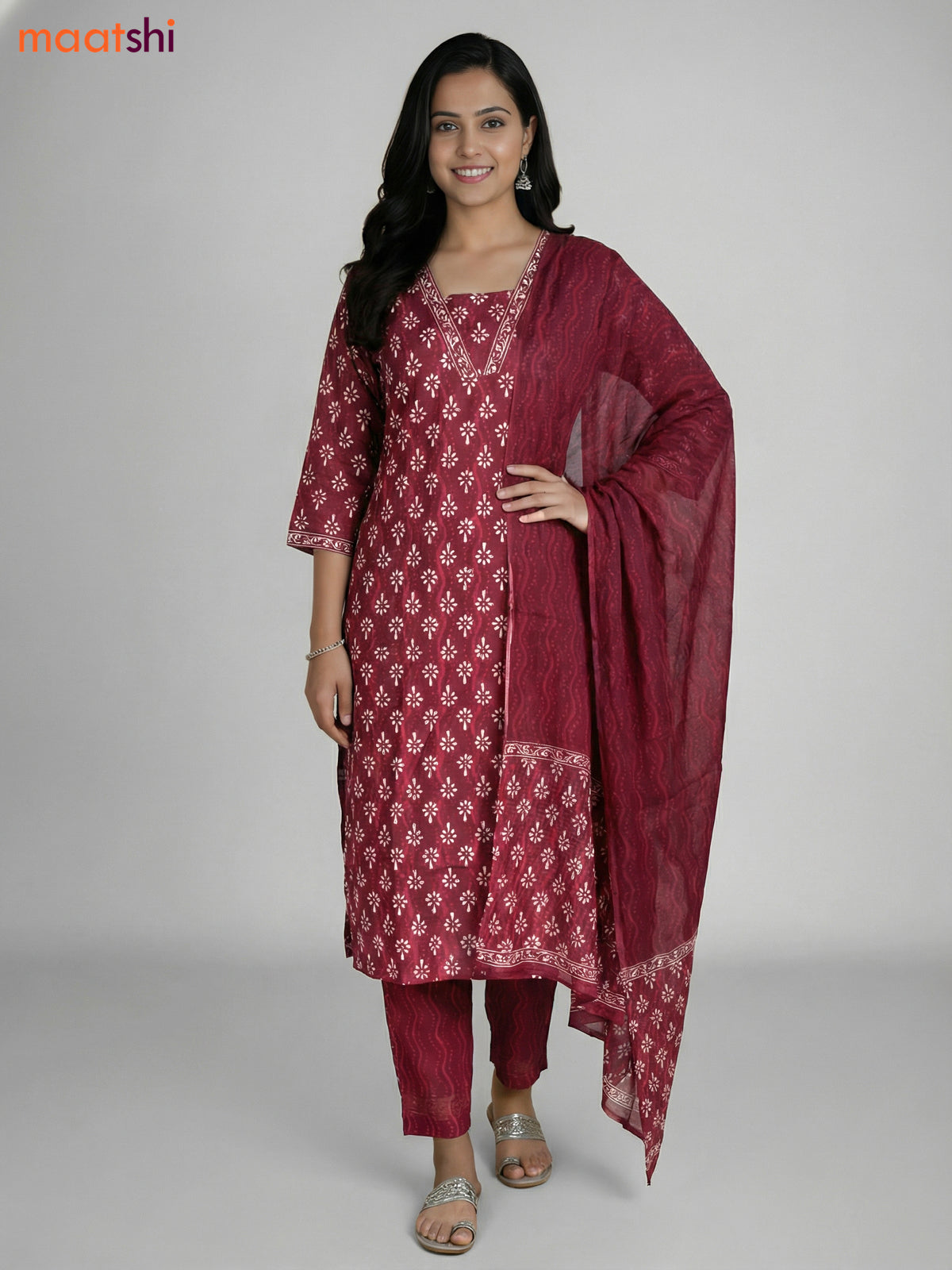 Maroon Cotton Printed Straight Suit