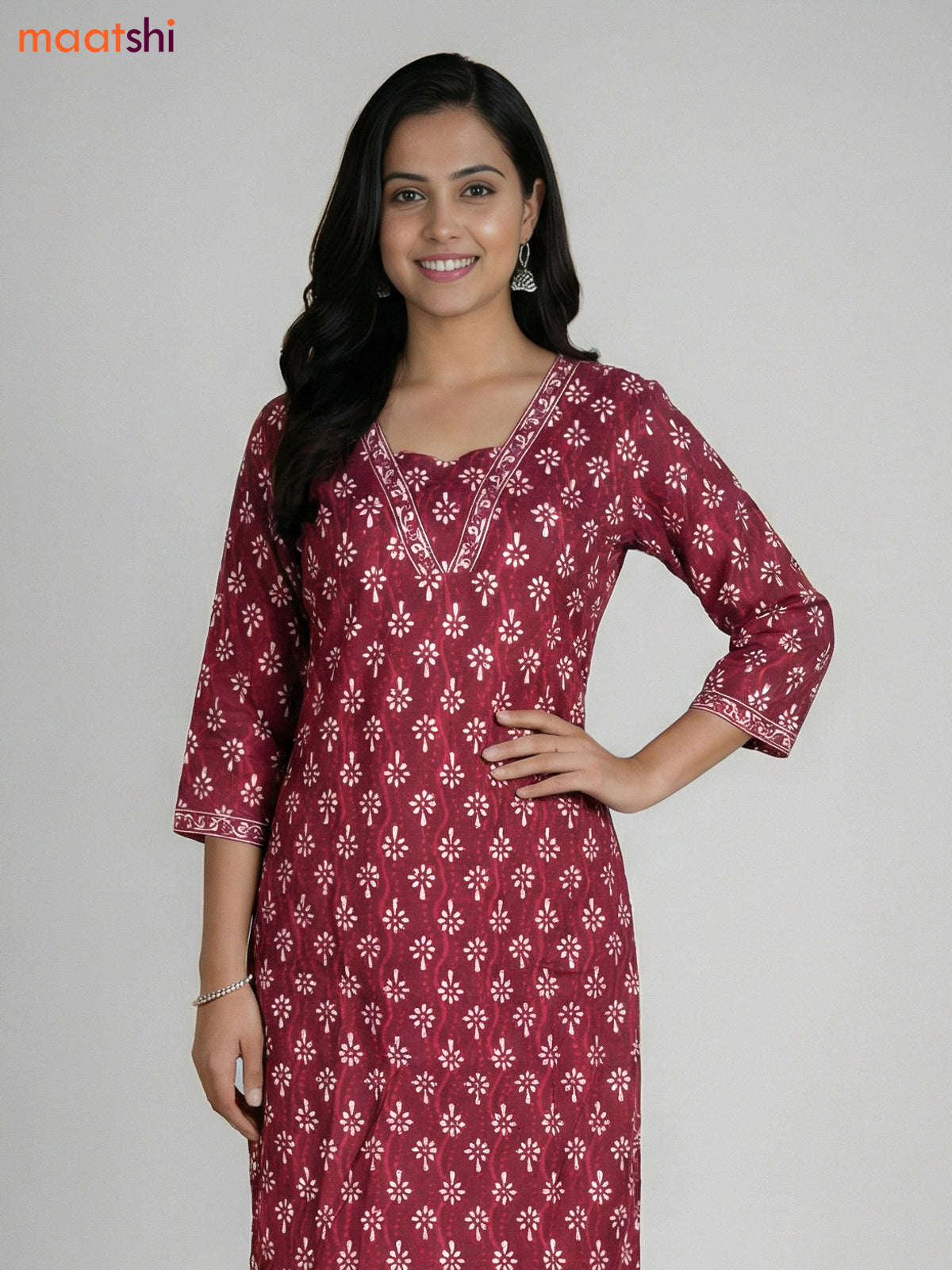 Maroon Cotton Printed Straight Suit