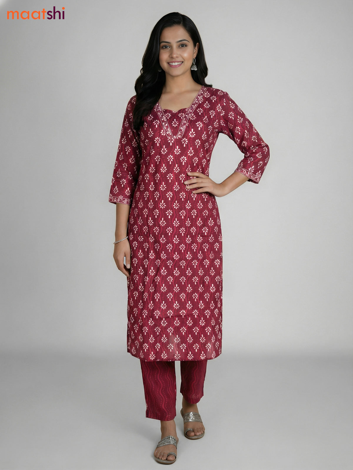 Maroon Cotton Printed Straight Suit
