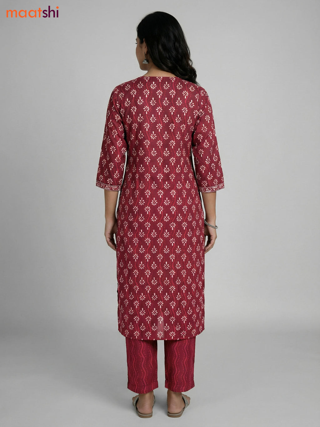 Maroon Cotton Printed Straight Suit