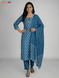 Blue Shade Cotton Printed Straight Suit