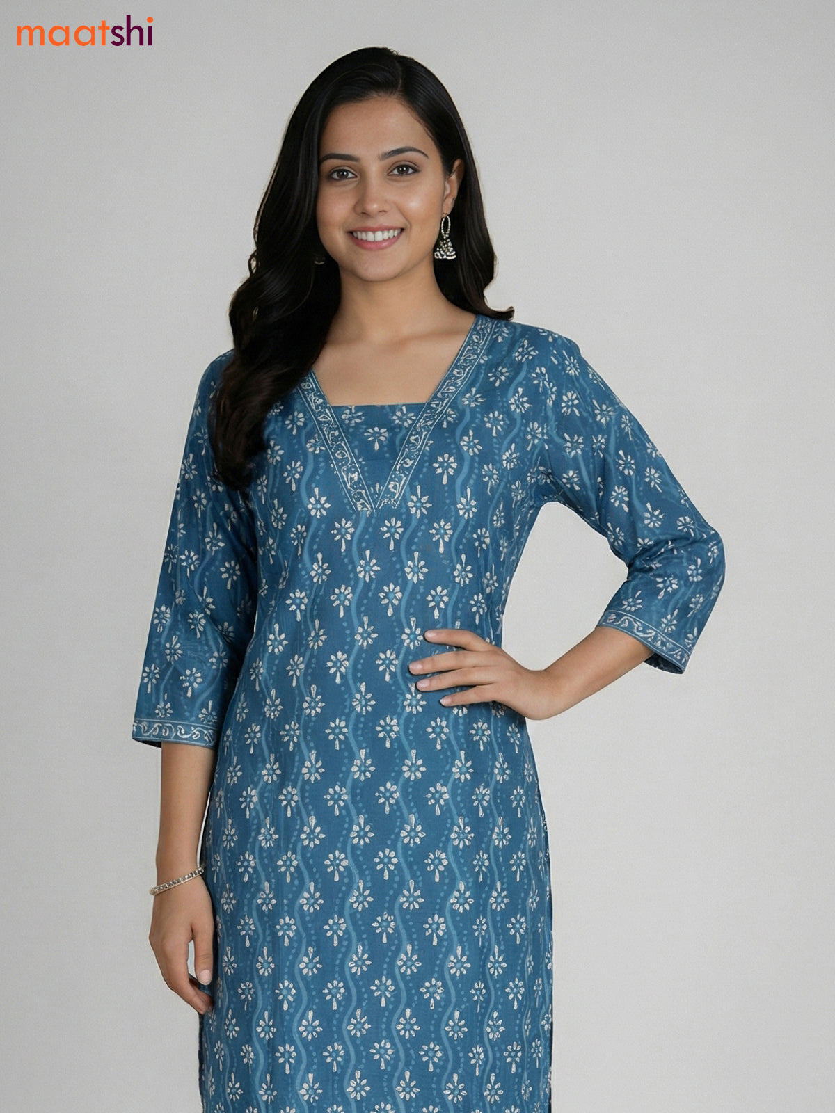 Blue Shade Cotton Printed Straight Suit