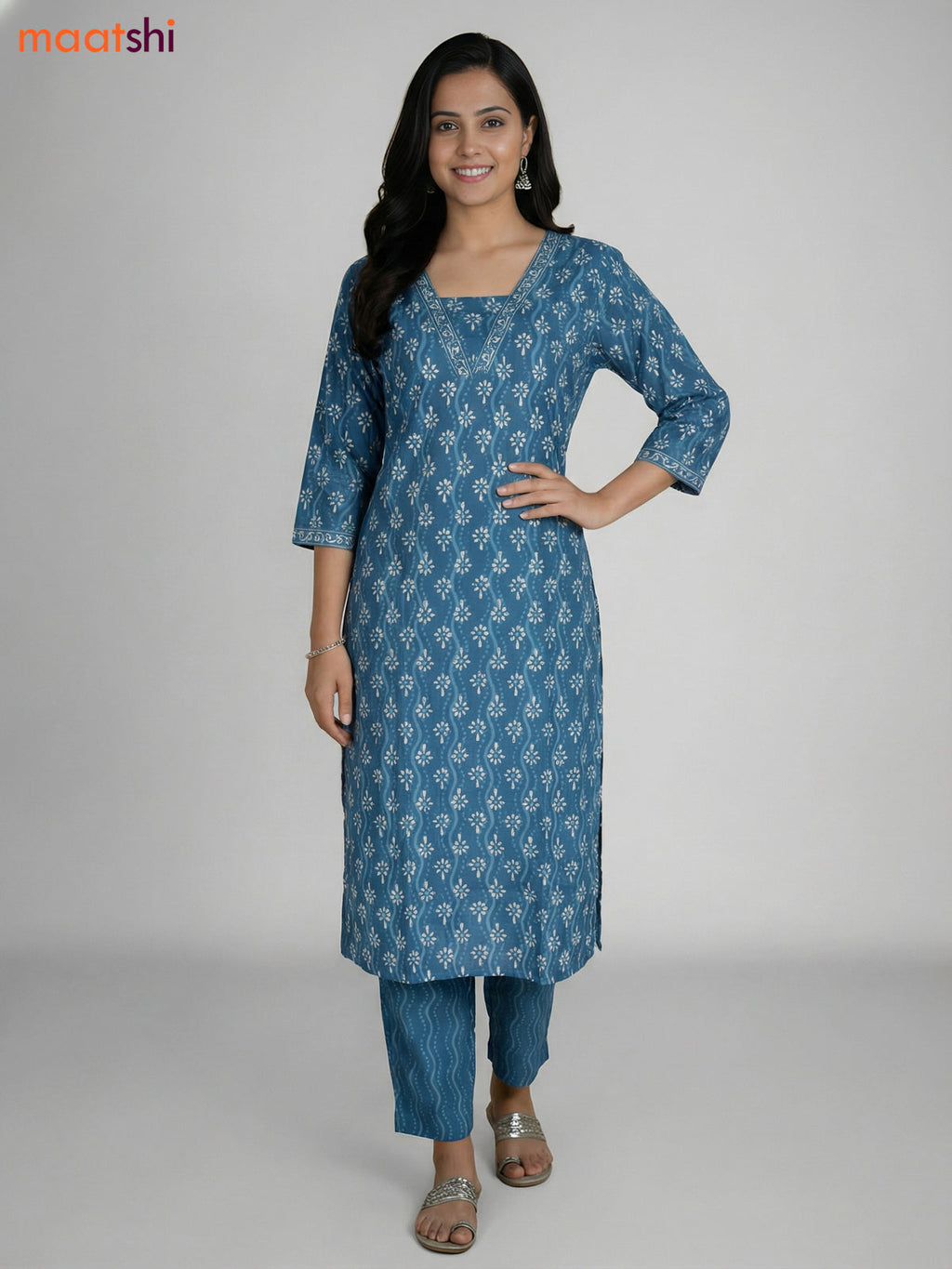 Blue Shade Cotton Printed Straight Suit