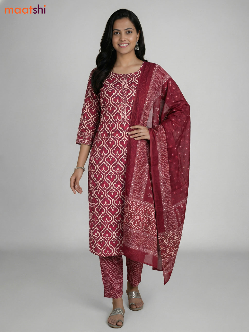 Maroon and Cream Cotton Printed Straight Suit