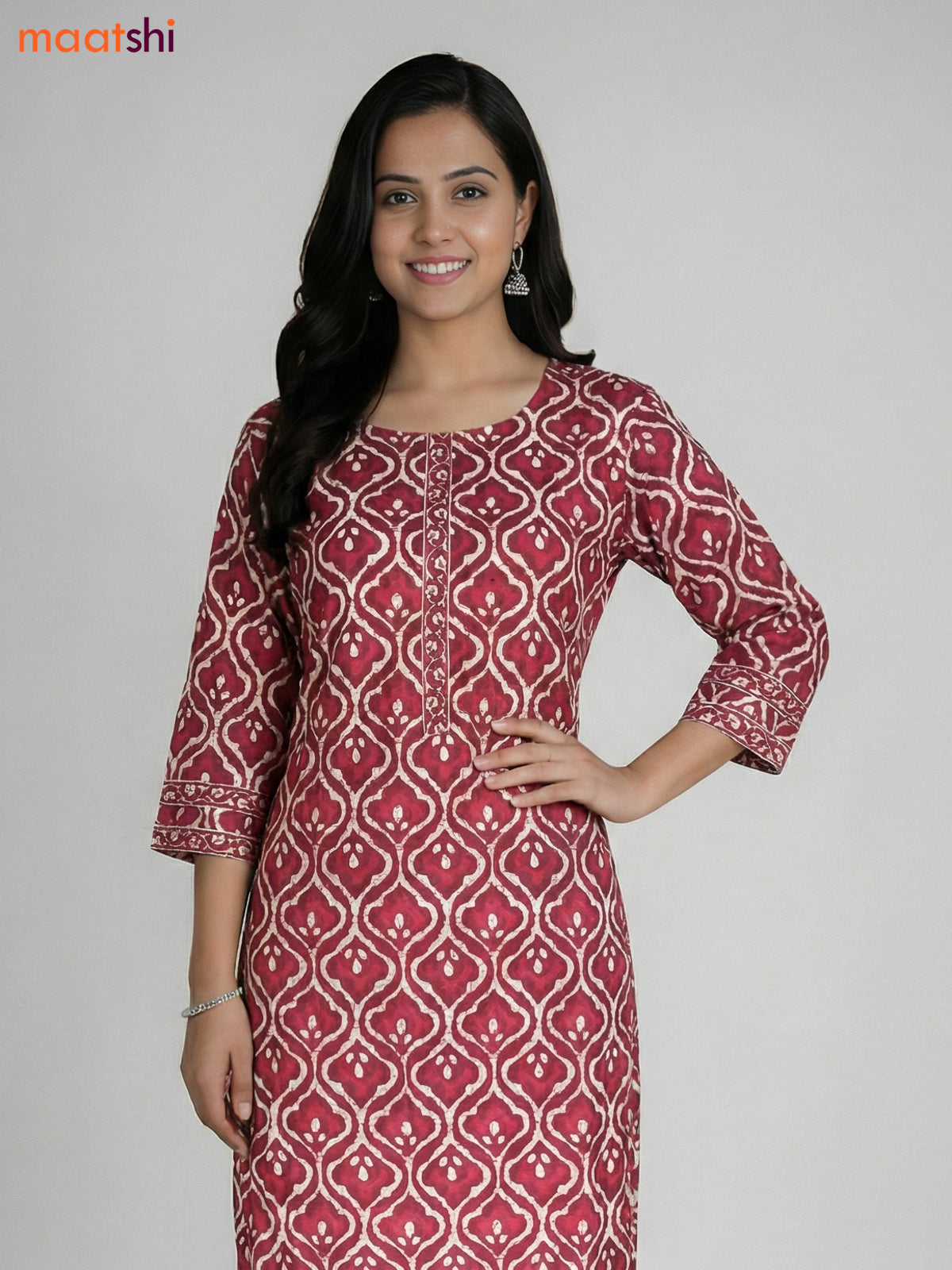 Maroon and Cream Cotton Printed Straight Suit