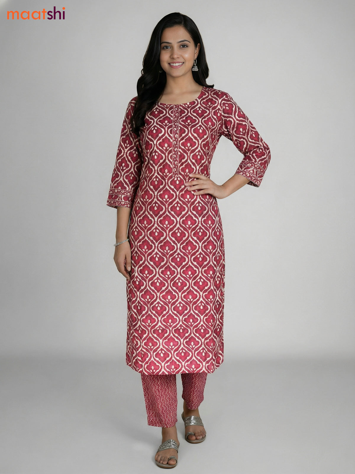 Maroon and Cream Cotton Printed Straight Suit