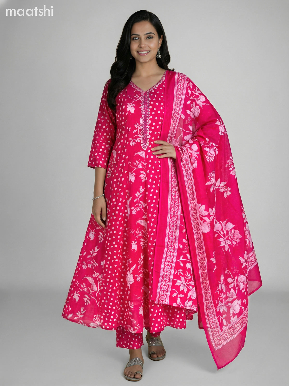 Pink Cotton Printed Anarkali Suit