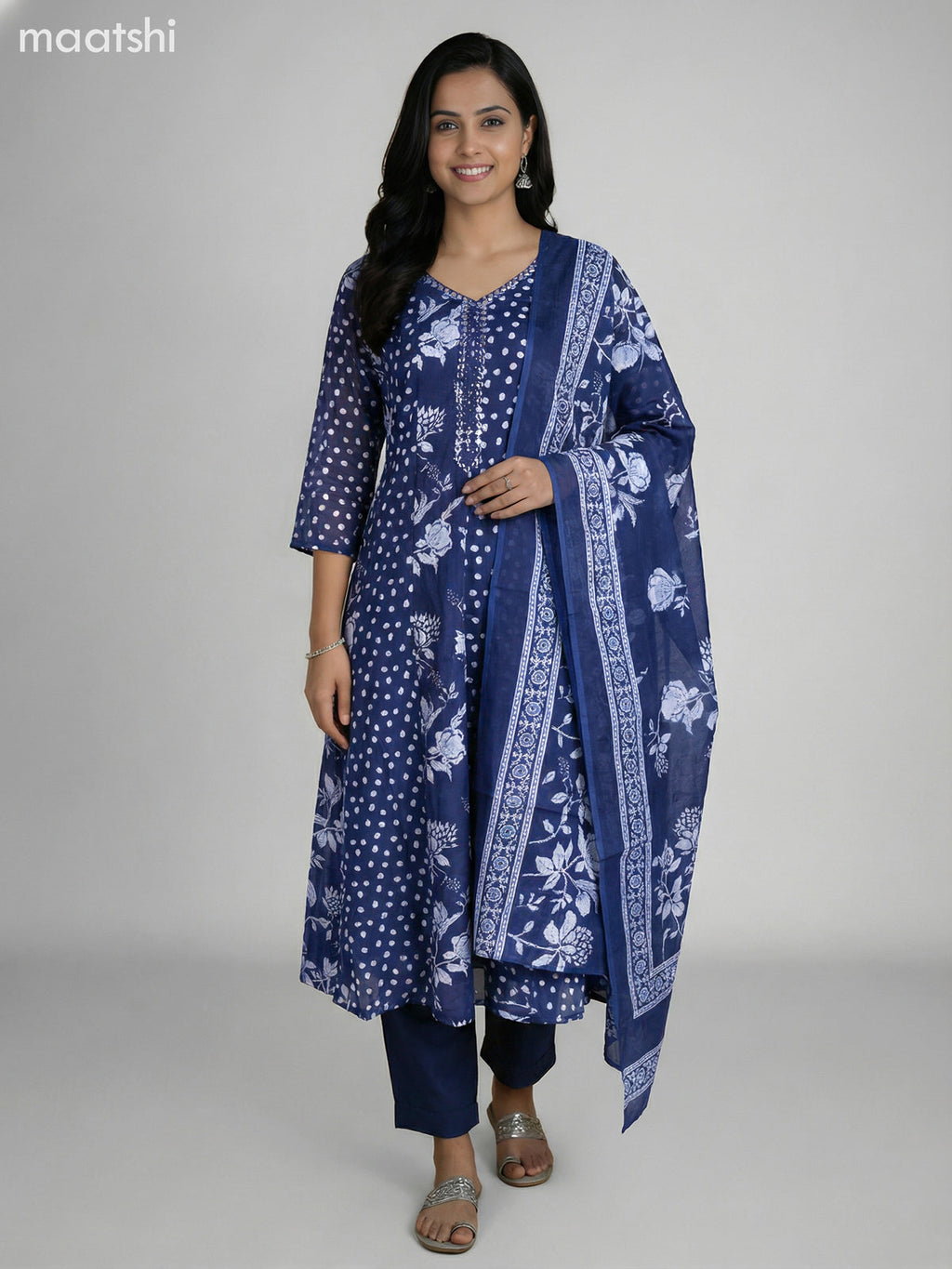 Navy Blue Cotton Printed Anarkali Suit