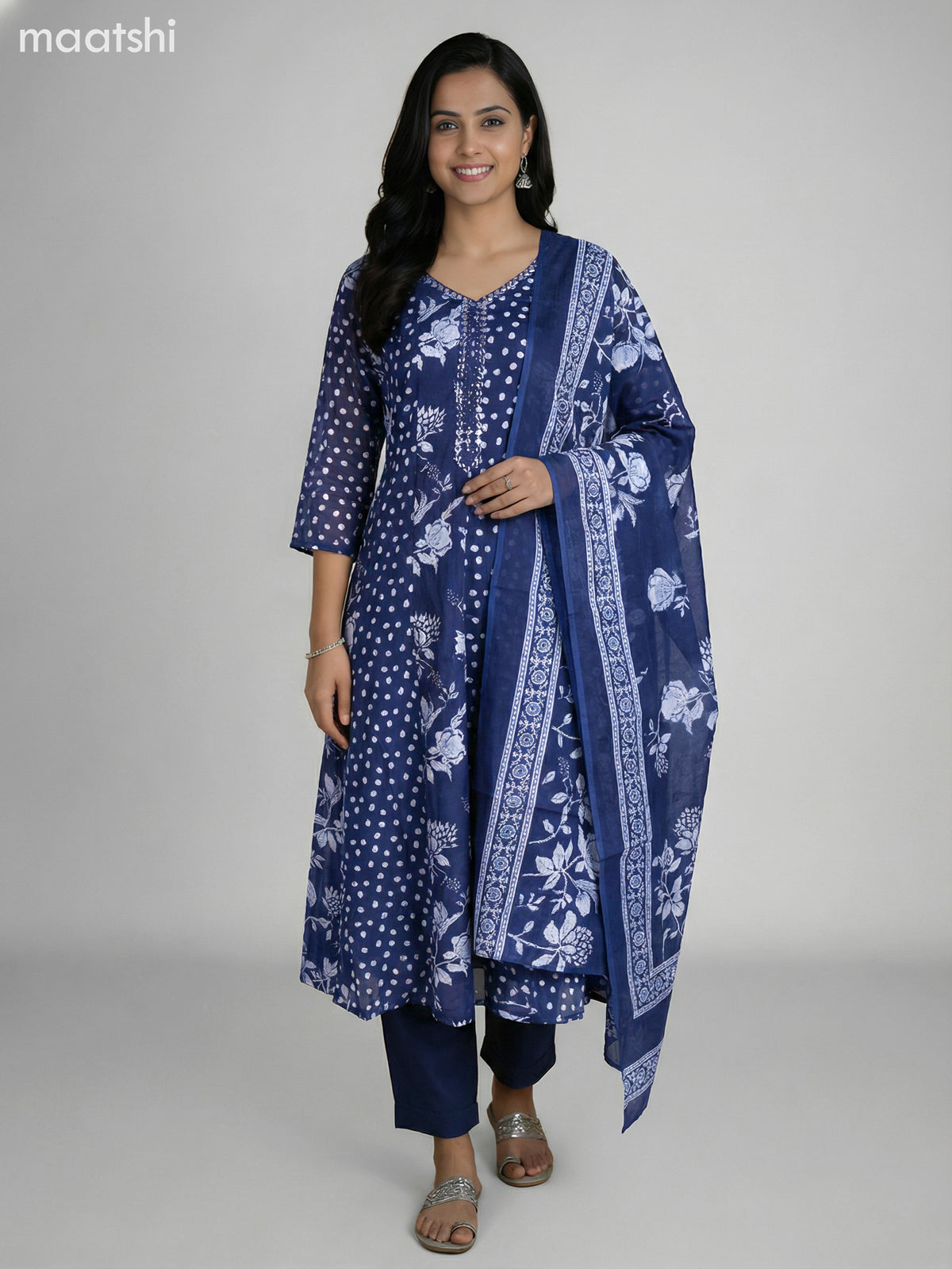 Navy Blue Cotton Printed Anarkali Suit