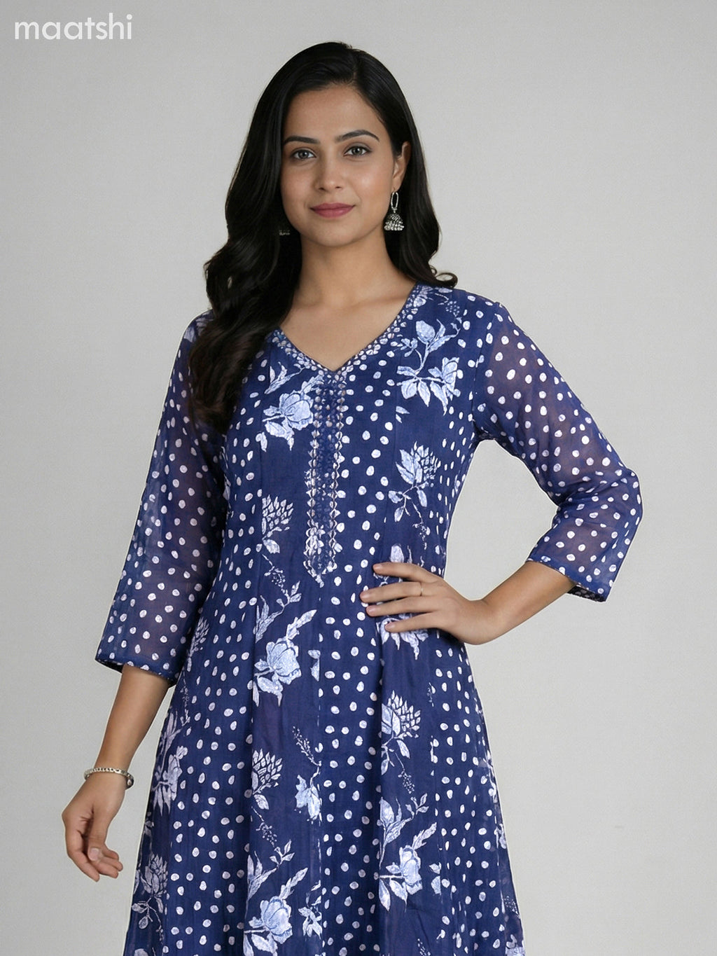 Navy Blue Cotton Printed Anarkali Suit