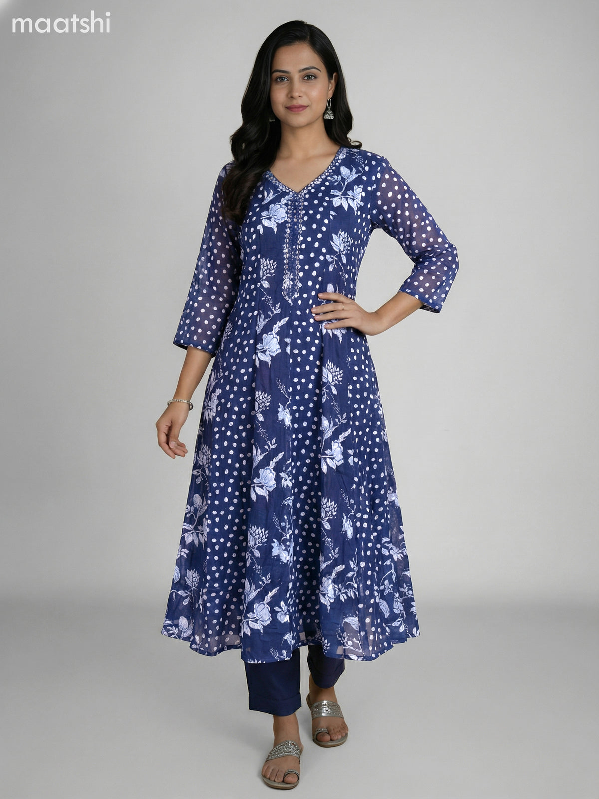 Navy Blue Cotton Printed Anarkali Suit