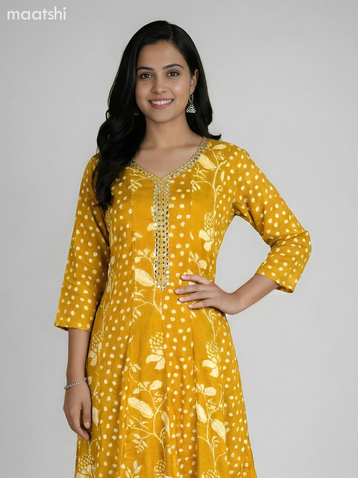 Mustard Shade Cotton Printed Anarkali Suit