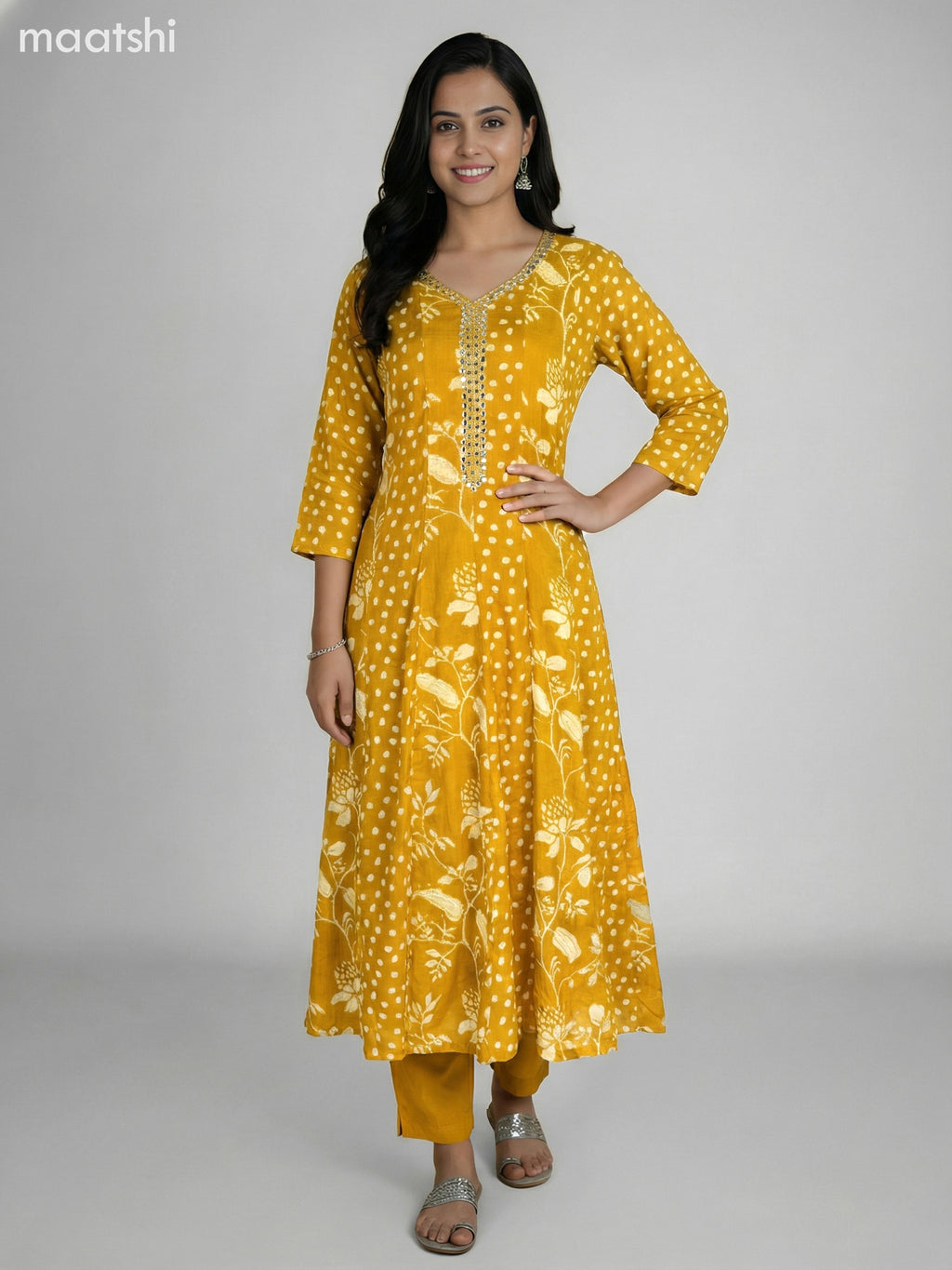 Mustard Shade Cotton Printed Anarkali Suit