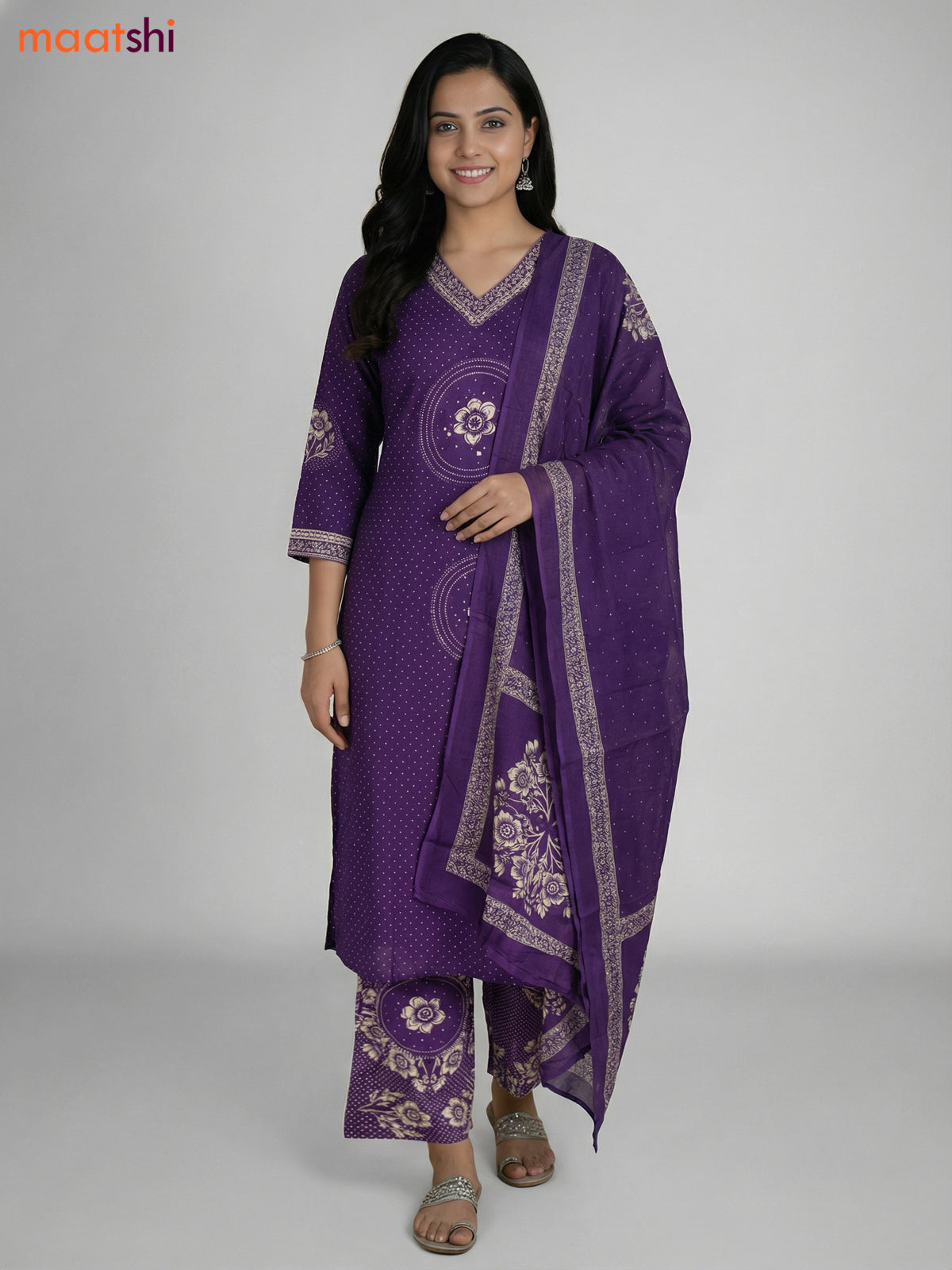 Violet Cotton Printed Straight Suit