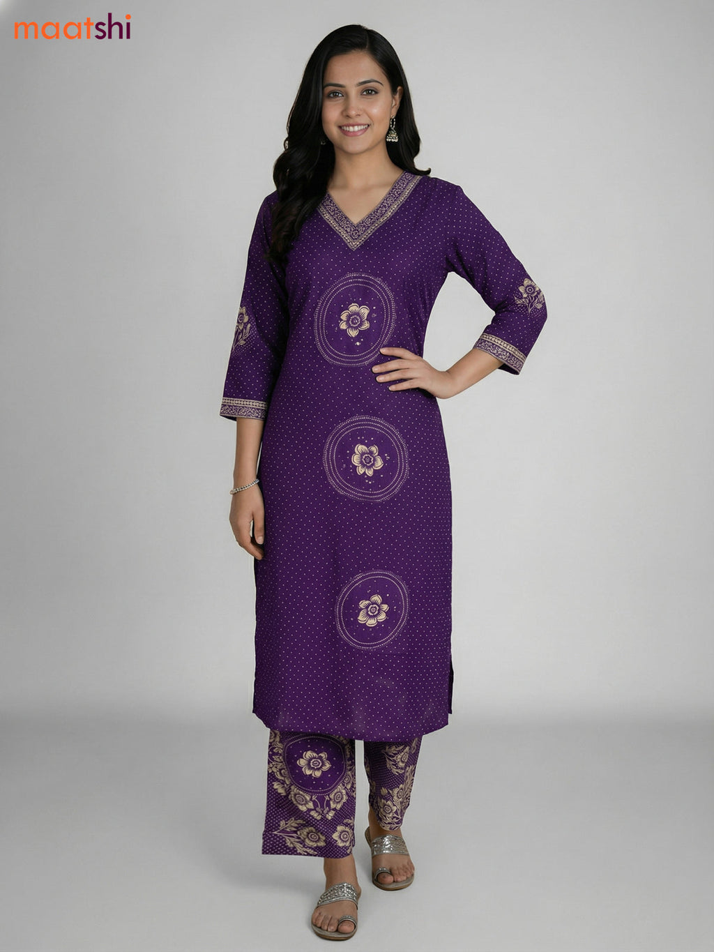 Violet Cotton Printed Straight Suit