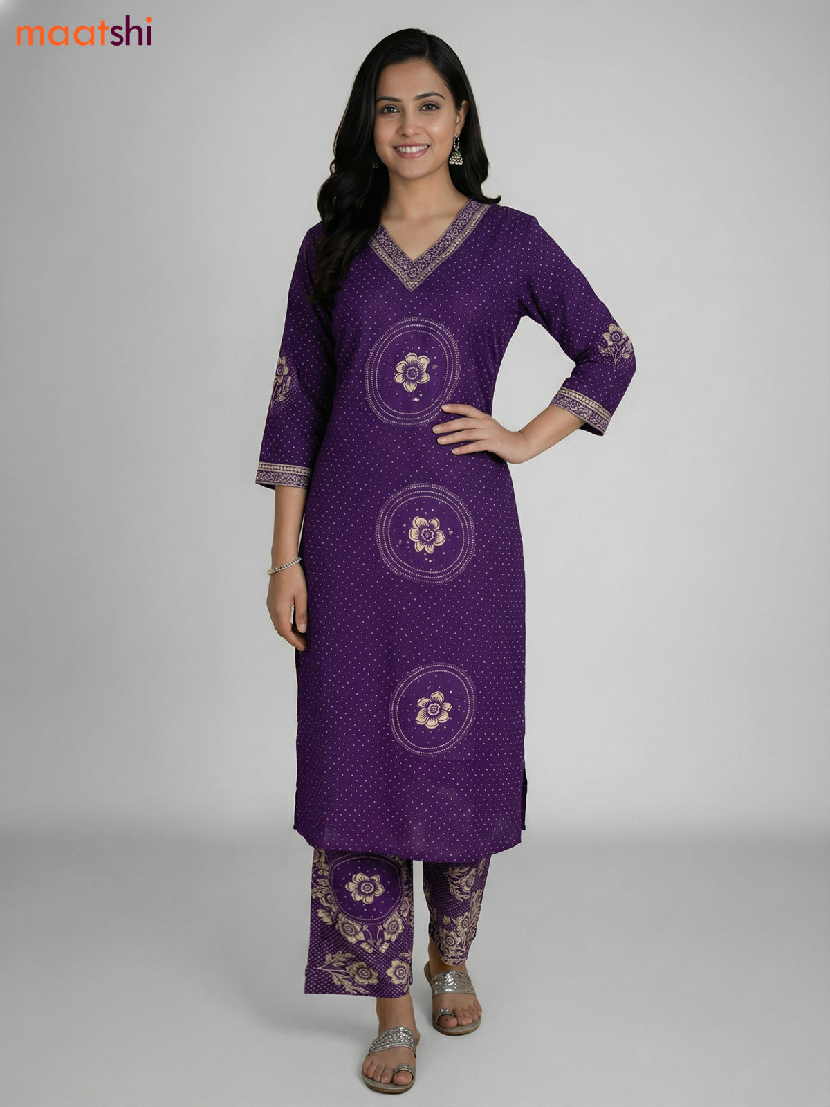 Violet Cotton Printed Straight Suit