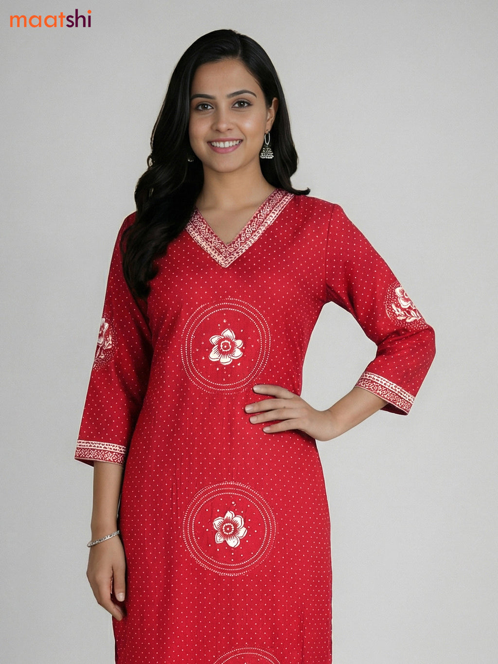 Maroon Cotton Printed Straight Suit