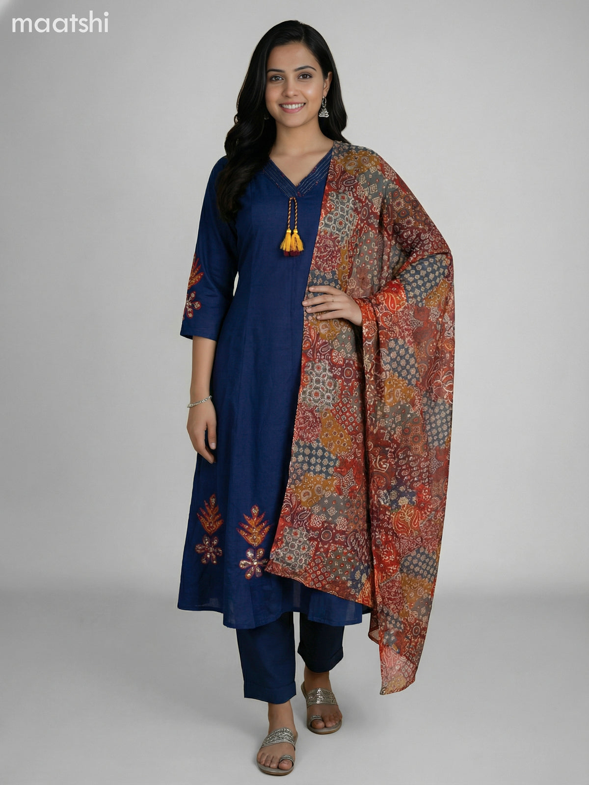 Navy Blue Cotton Kalamkari Patch Work Anarkali Suit