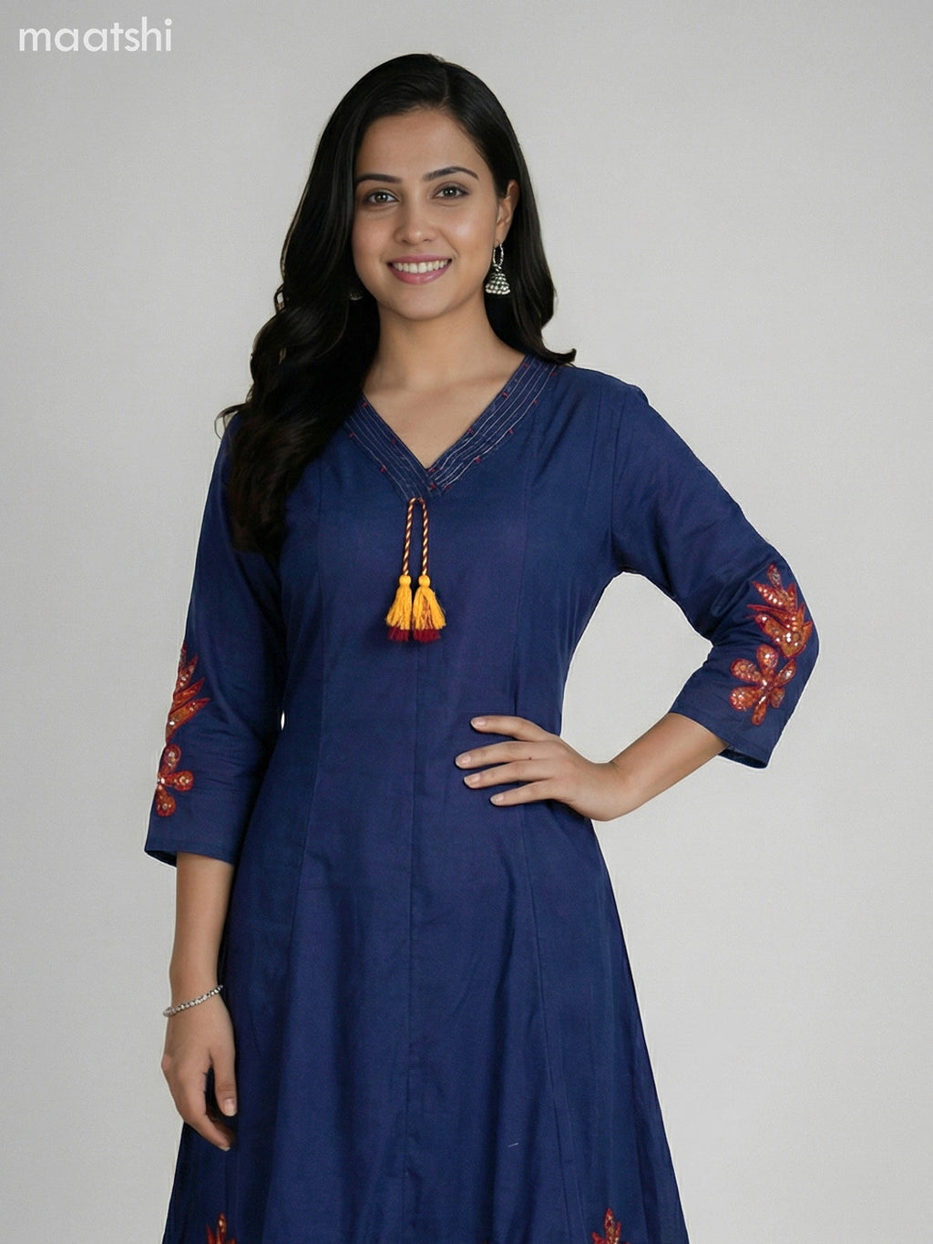 Navy Blue Cotton Kalamkari Patch Work Anarkali Suit