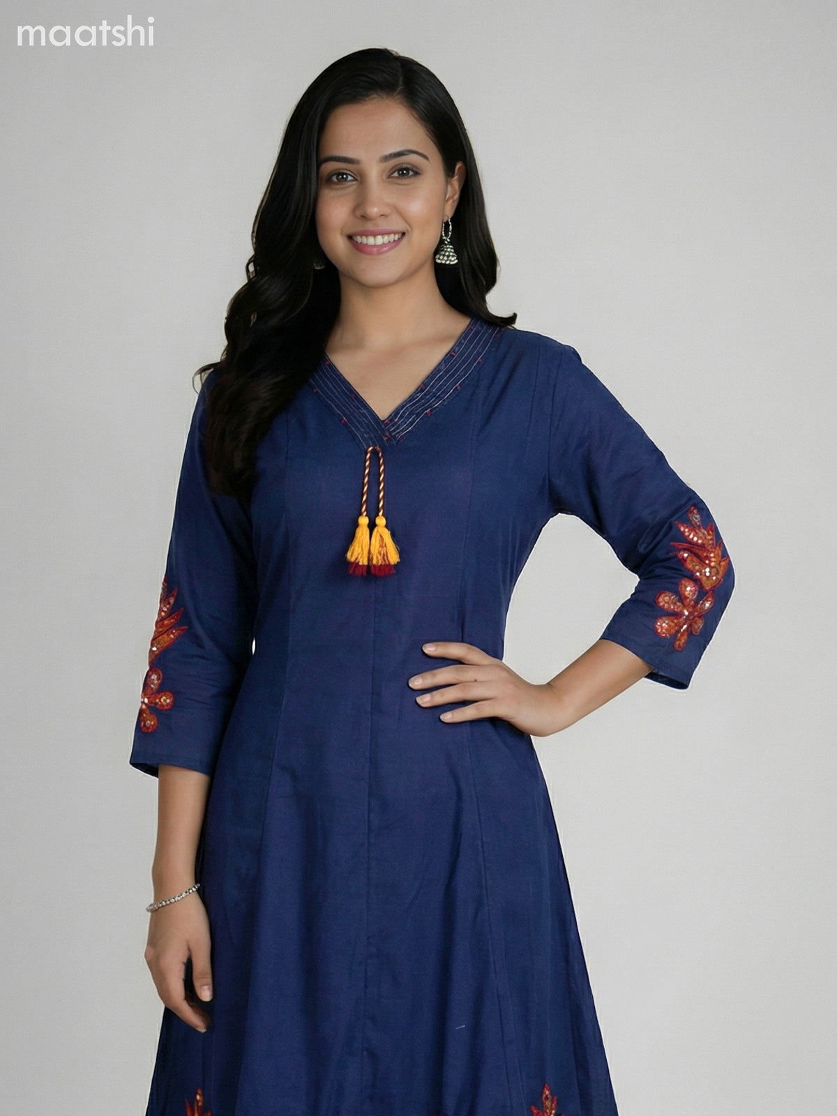 Navy Blue Cotton Kalamkari Patch Work Anarkali Suit