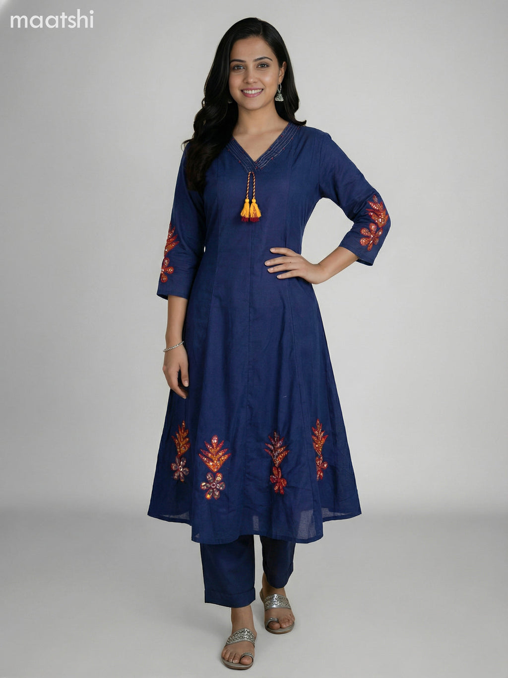 Navy Blue Cotton Kalamkari Patch Work Anarkali Suit