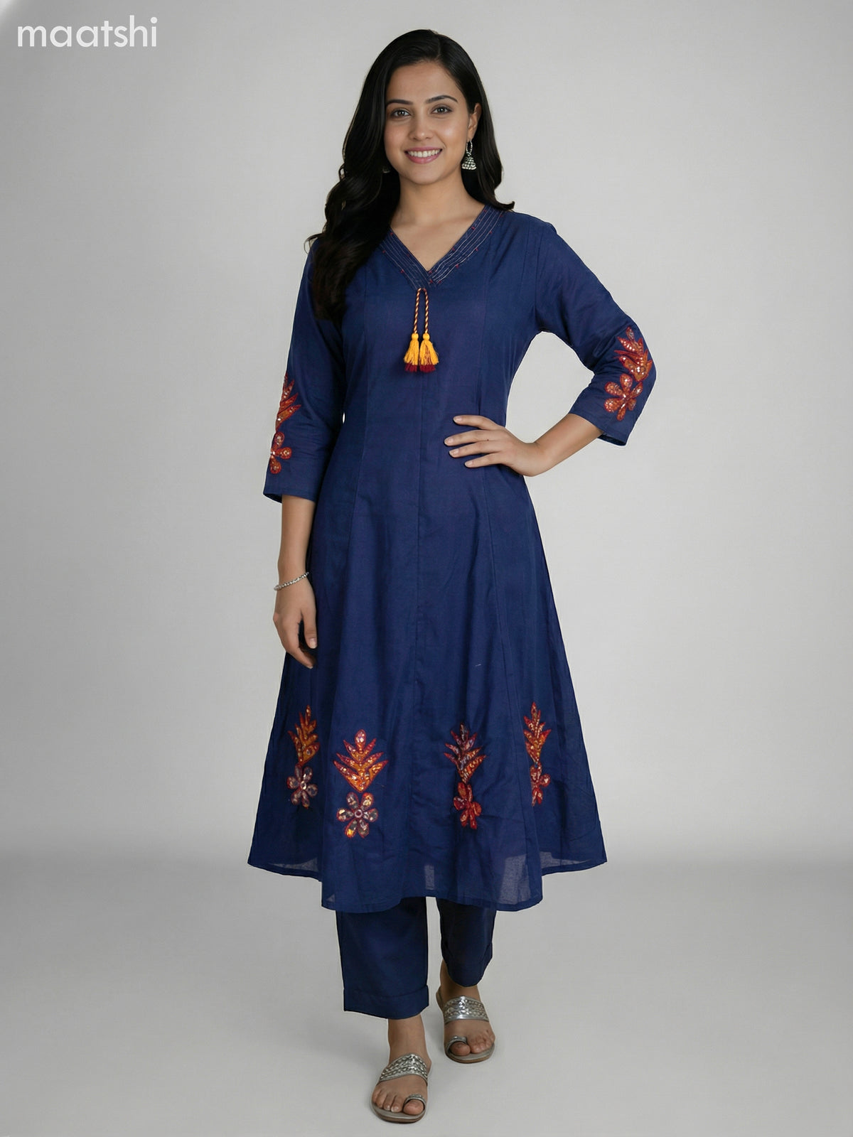 Navy Blue Cotton Kalamkari Patch Work Anarkali Suit