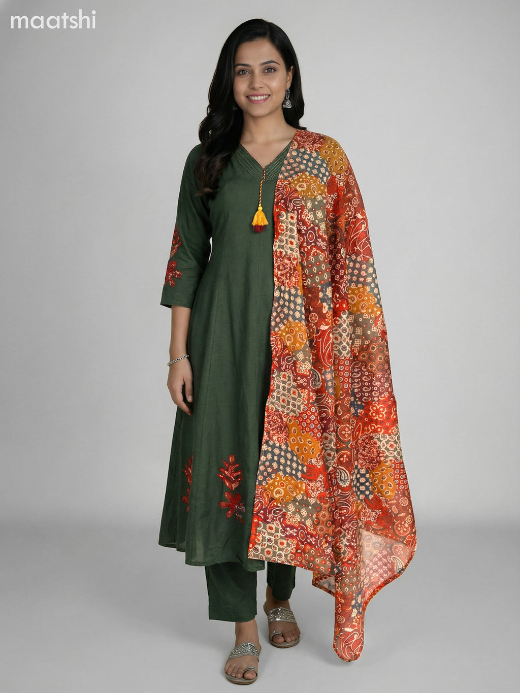 Green Cotton Kalamkari Patch Work Anarkali Suit
