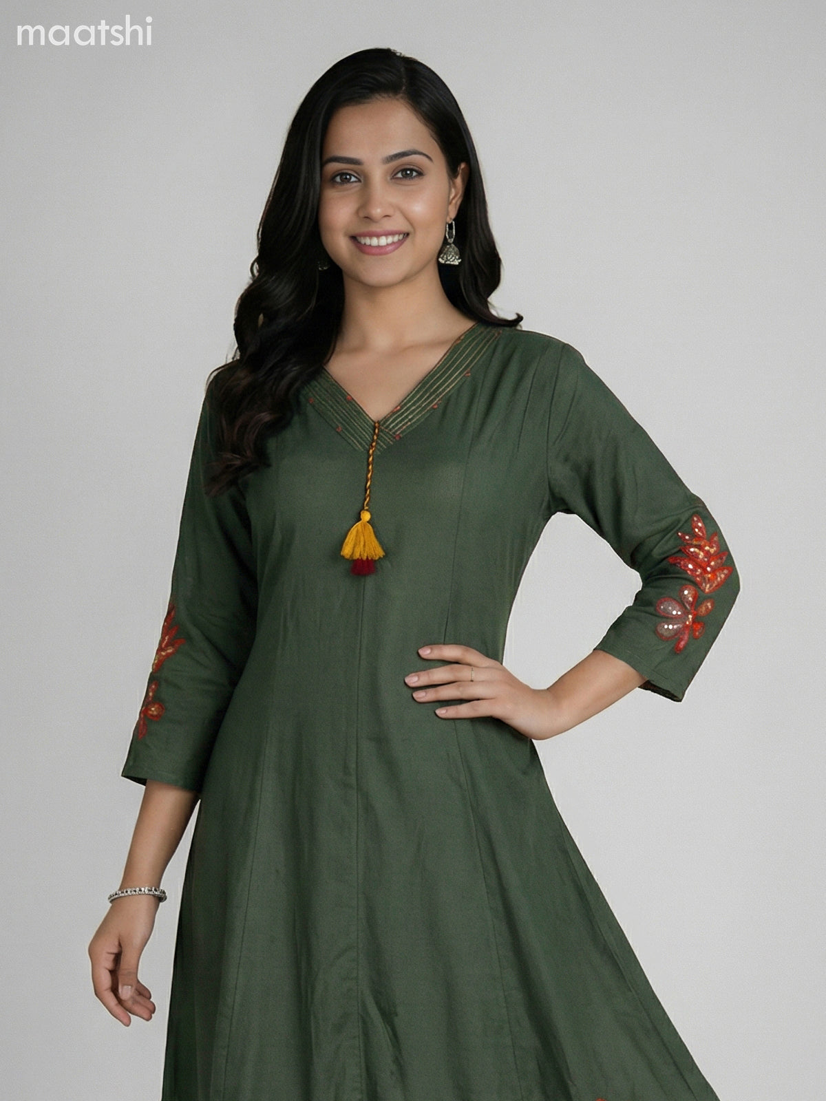 Green Cotton Kalamkari Patch Work Anarkali Suit