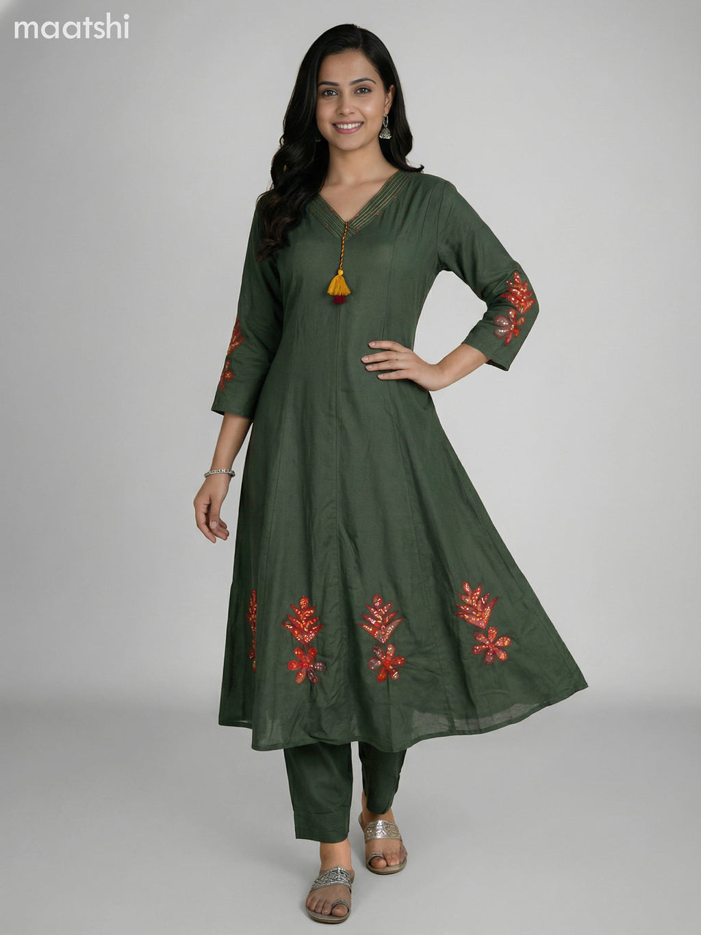 Green Cotton Kalamkari Patch Work Anarkali Suit