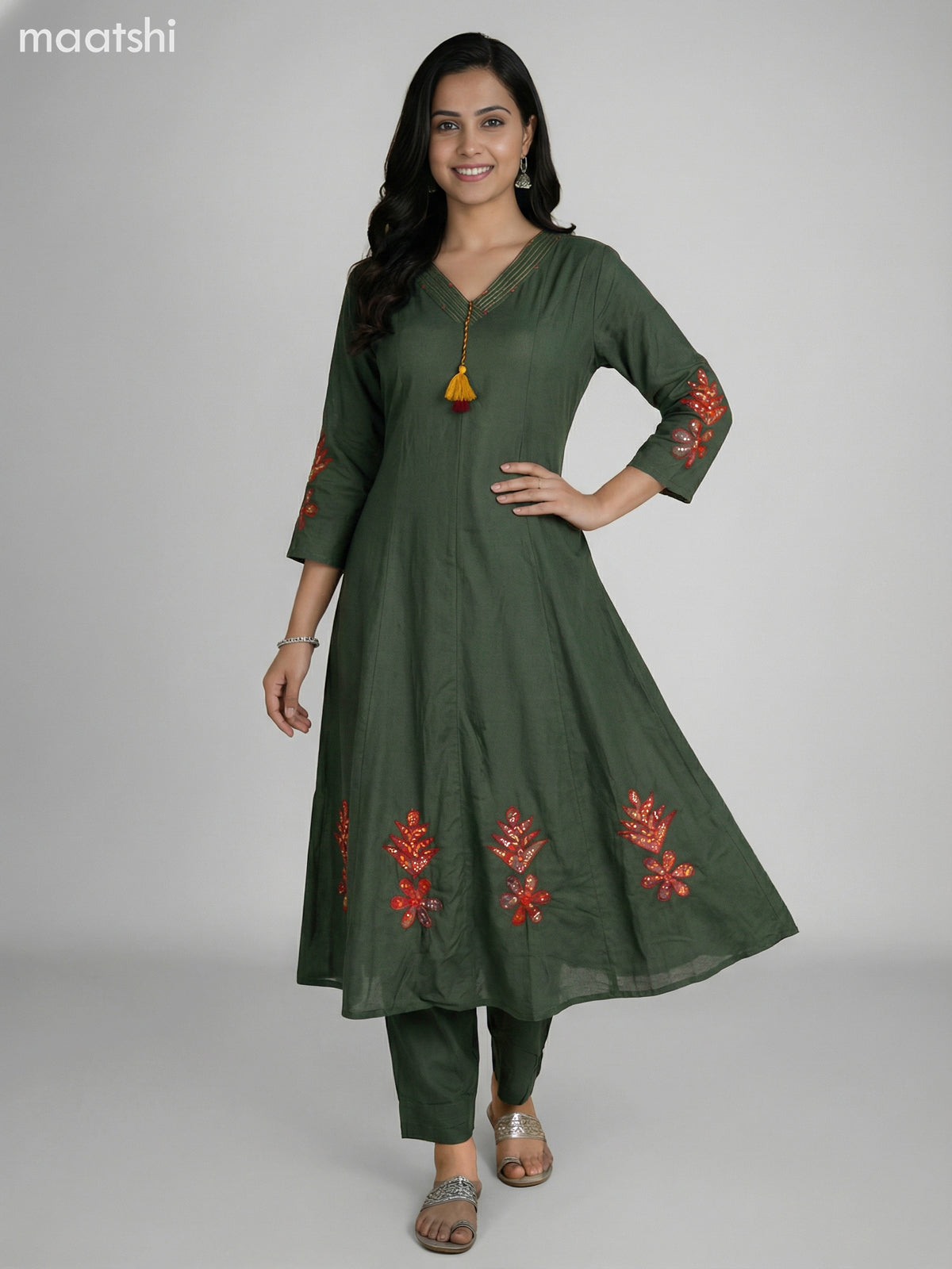 Green Cotton Kalamkari Patch Work Anarkali Suit