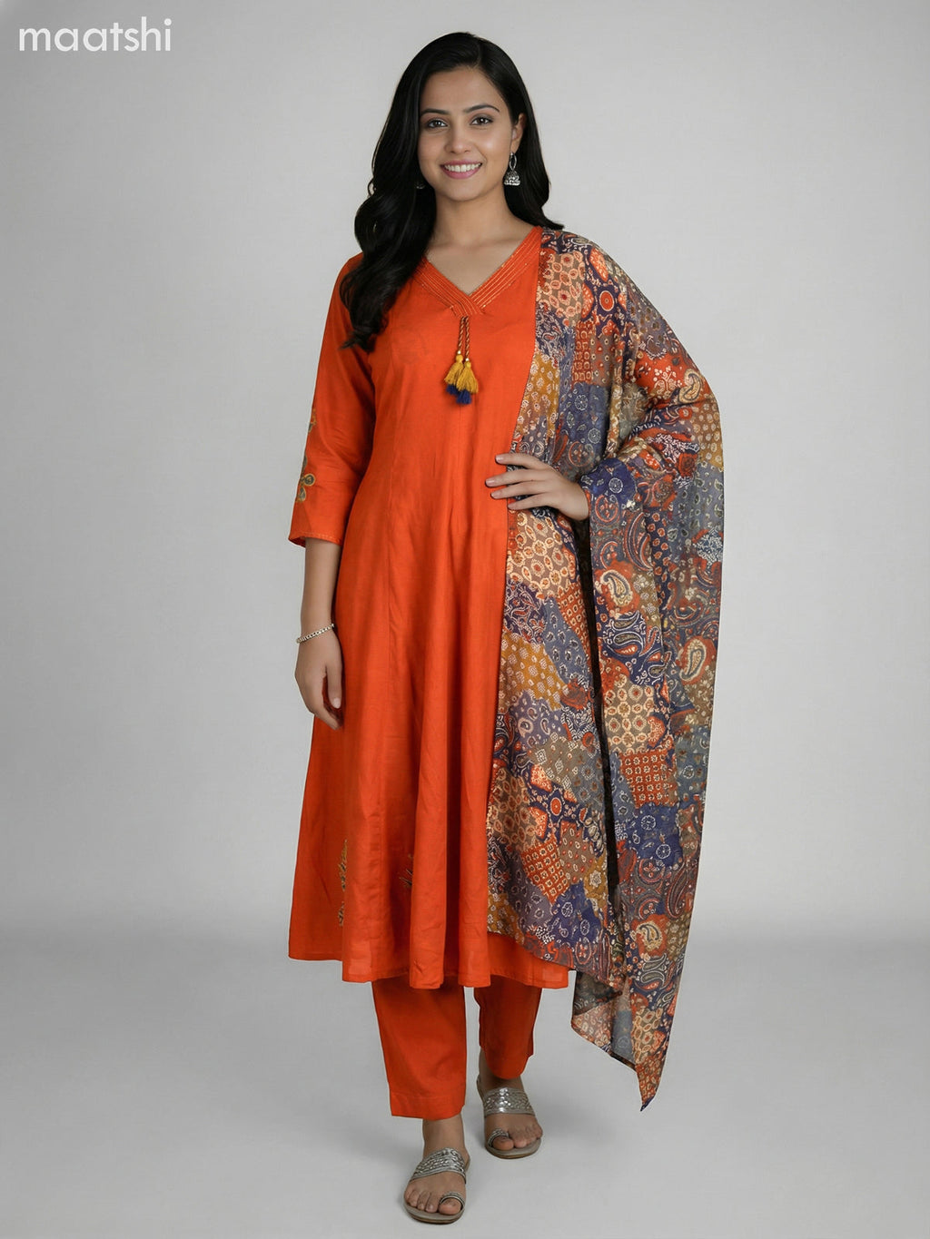 Rust Shade Cotton Kalamkari Patch Work Anarkali Suit