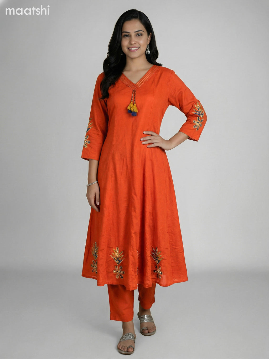 Rust Shade Cotton Kalamkari Patch Work Anarkali Suit