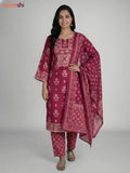 Magenta Pink Cotton Printed Straight Suit