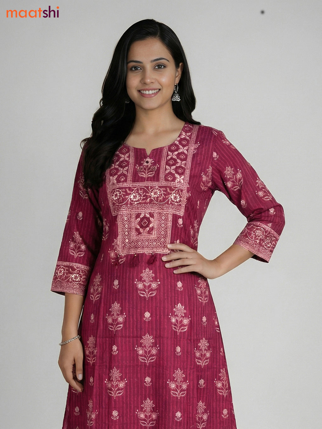 Magenta Pink Cotton Printed Straight Suit